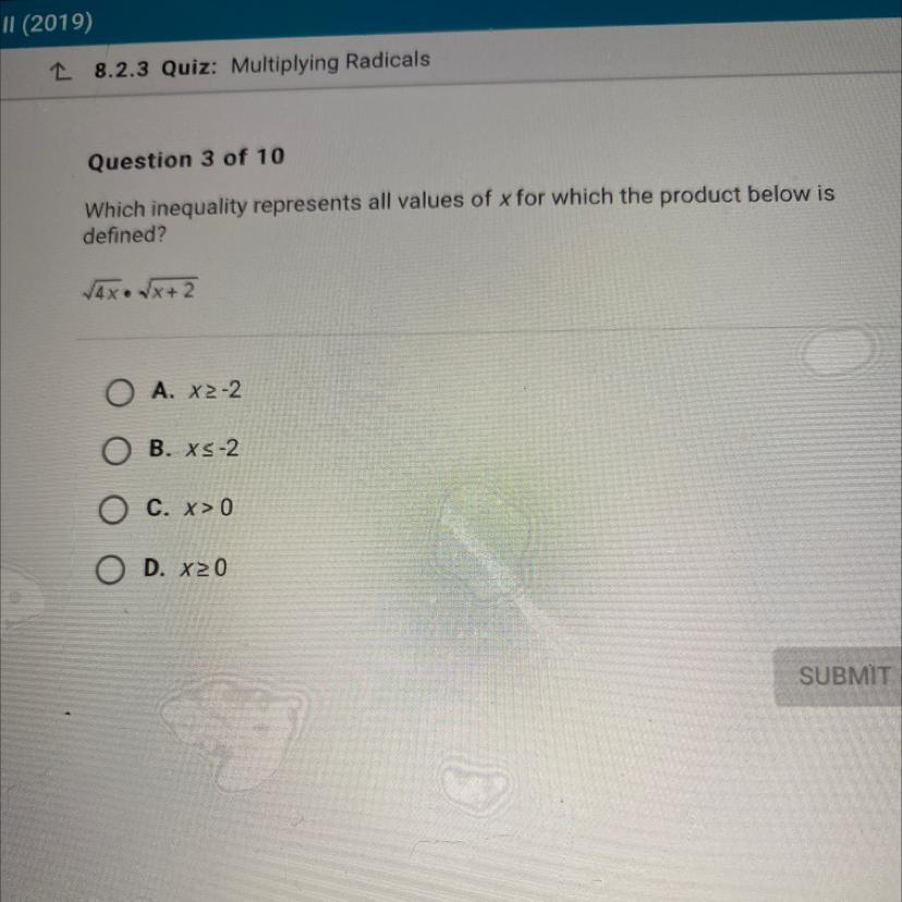 Which inequality represents all values of x for which the product below isdefined?20 pts