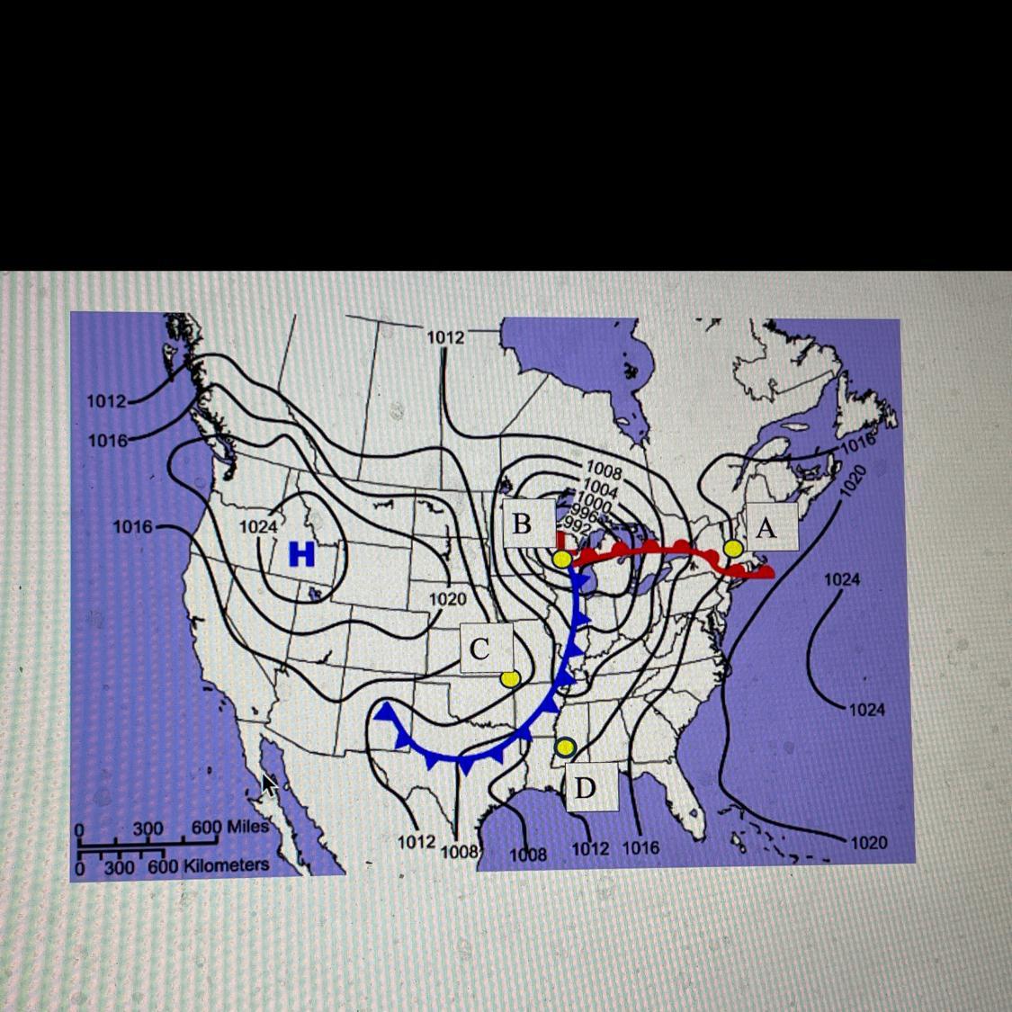 What are the weather conditions such as temperature clouds and precipitation for point A? Explain reasoning