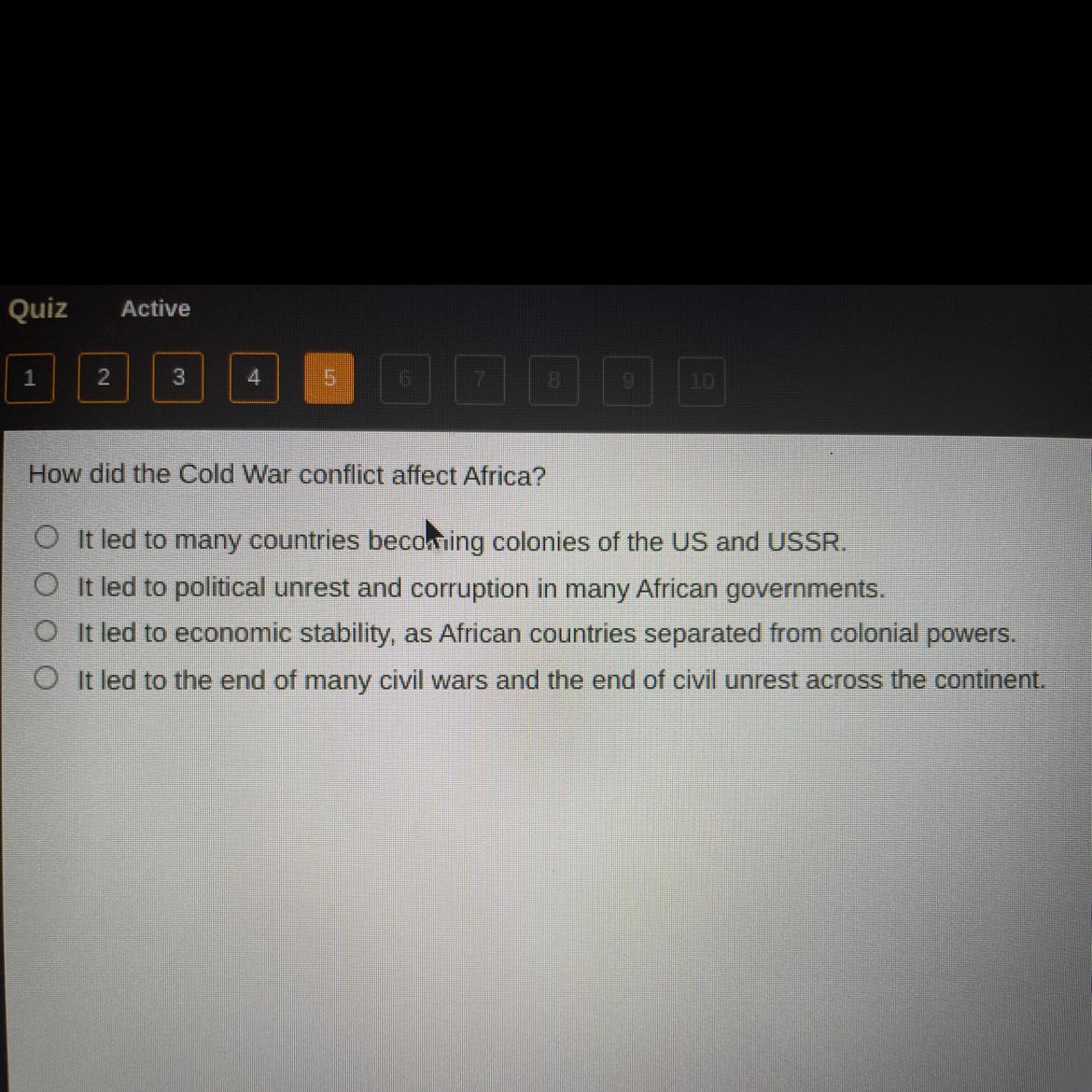 How did the Cold War conflict affect Africa?O It led to many countries becoming colonies of the US and