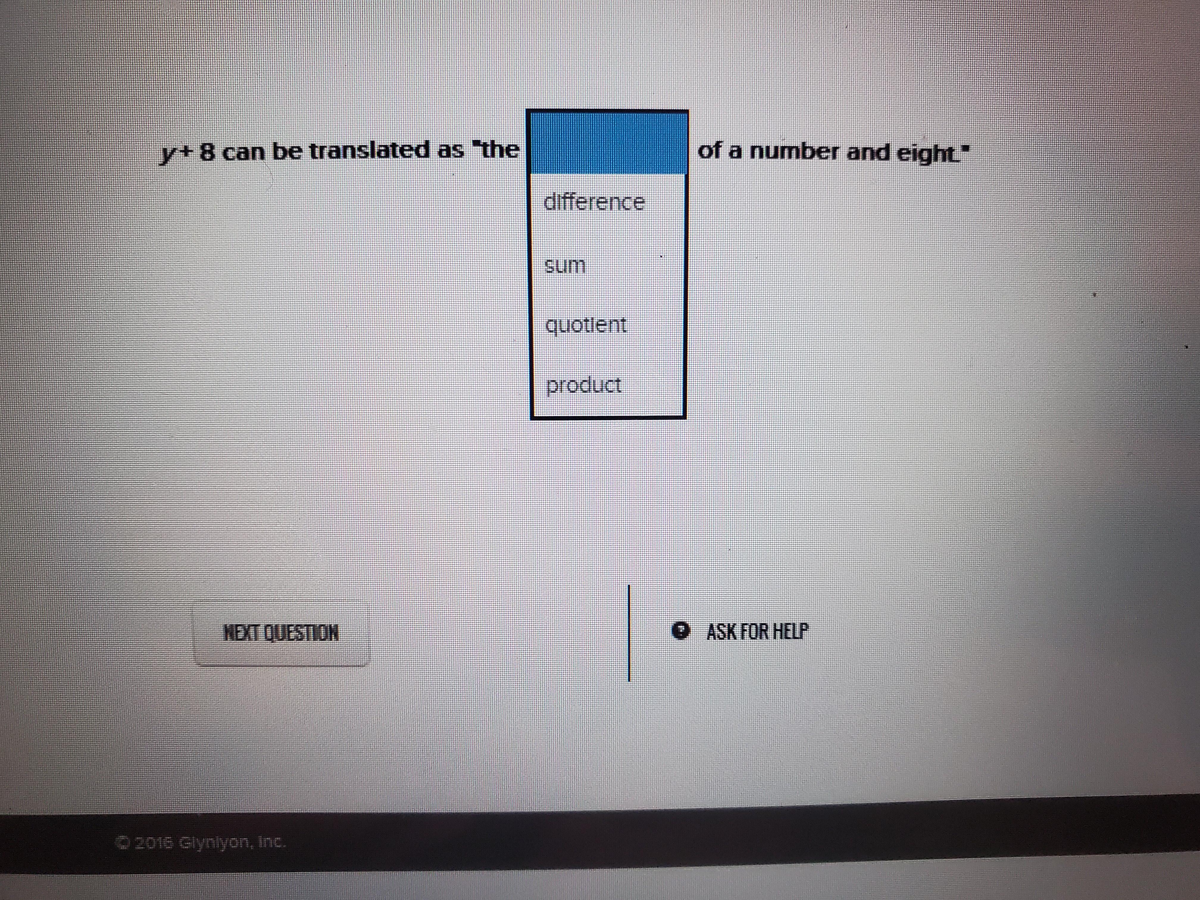 Y+8 Can Be Translated As The Of Number A D Eight 