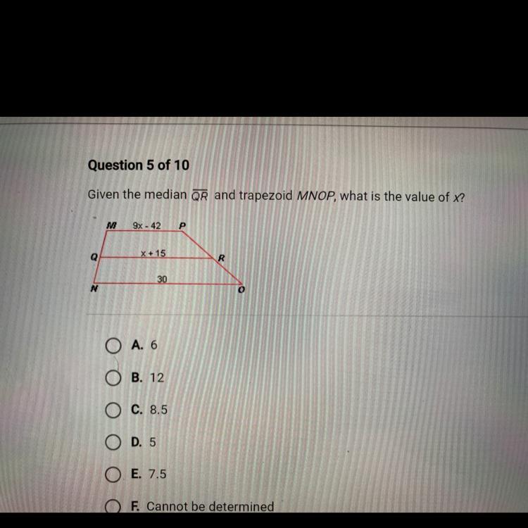 Given the median QR and trapezoid MNOP, what is the value of x?