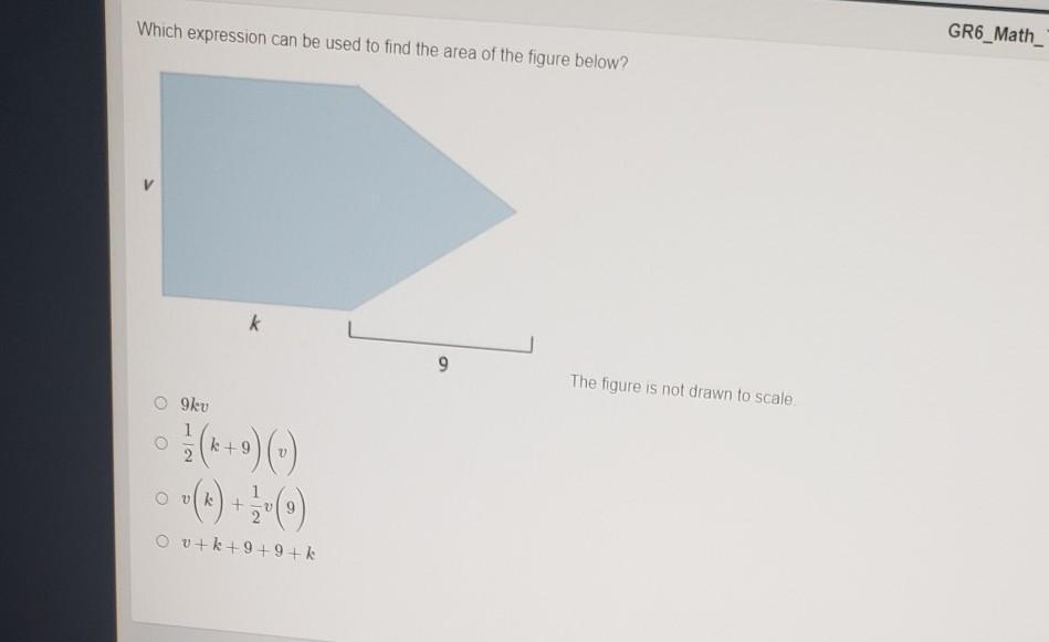 Which expression can be used to find the area of the figure below? V k 9 The figure is not drawn to scale