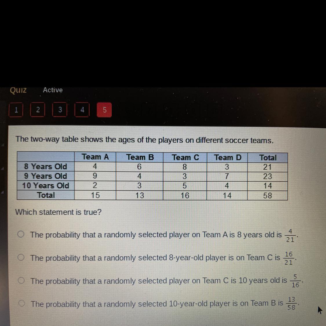 The Two-way Table Shows The Ages Of The Players On Different Soccer Teams.