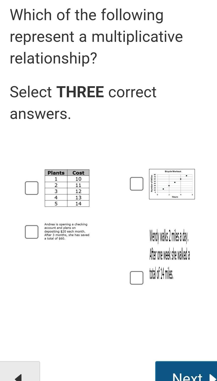 Which of the following represent a multiplicative relationship? Select THREE correct answers.