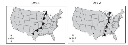 Maps of predicted weather conditions are shown. Which answer choice best describes the weather at location