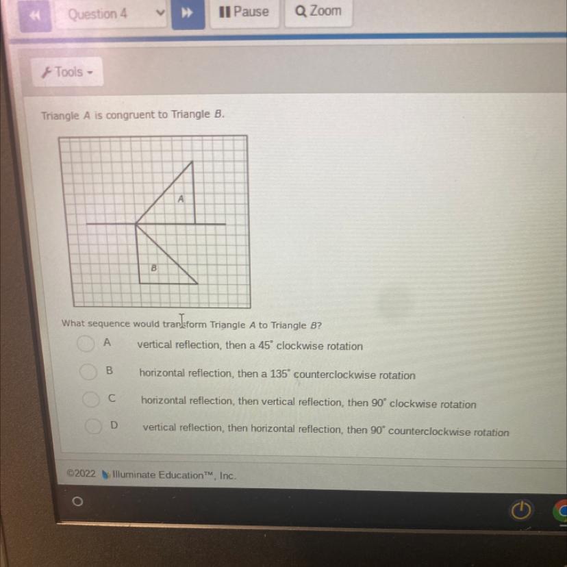 A triangle is congruent to triangle b what sequence would transform triangle a to triangle b