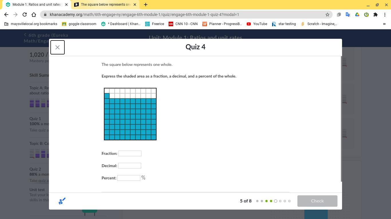 he square below represents one whole.Express the shaded area as a fraction, a decimal, and a percent