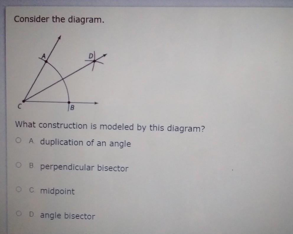 Consider the diagram. C B What construction is modeled by this diagram? A duplication of an angle B.