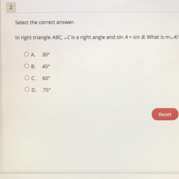 In right triangle ABC, angle c is a right angle and sin A= sin B. What is m