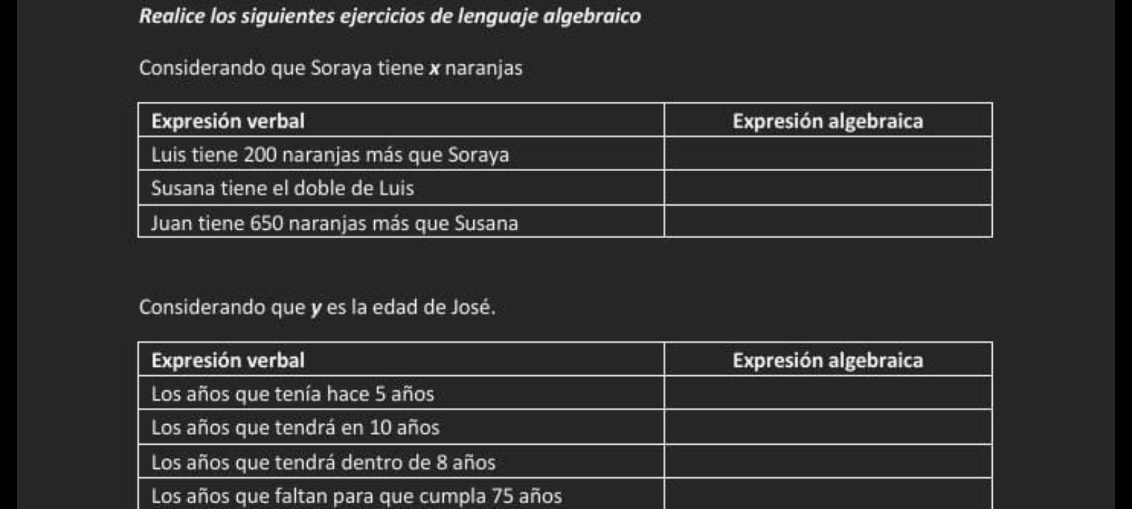 Realice los siguientes ejercicios de lenguaje algebraicoConsiderando que Soraya tiene x naranjasConsiderando
