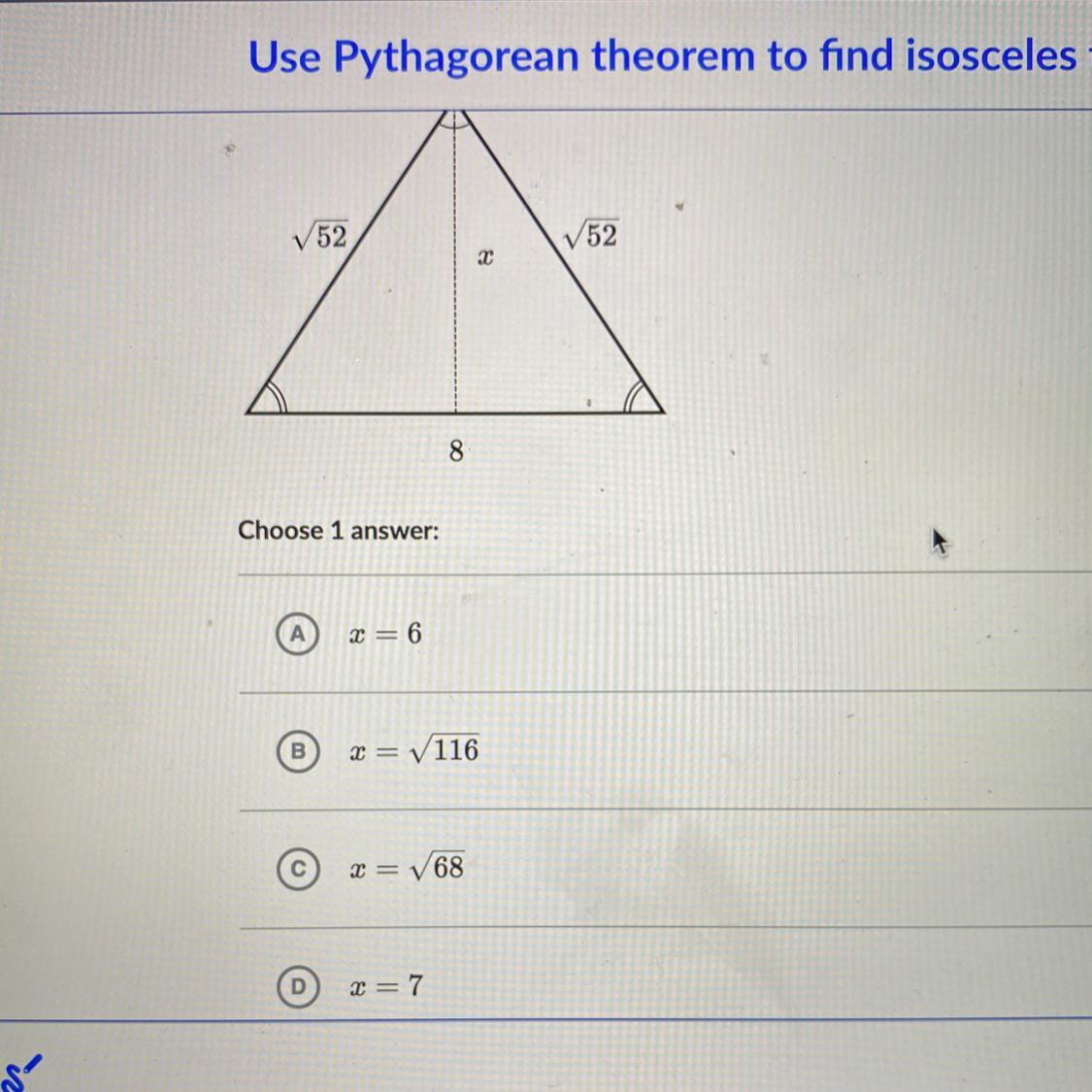  Find value of X in the isosceles triangle shown below