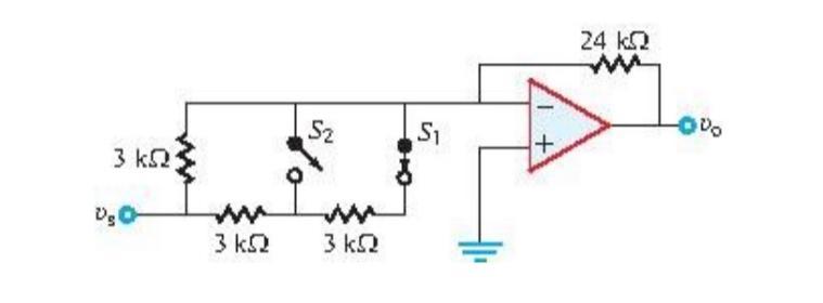 The circuit contains two single-pole single-throw switches. Use the ideal op-amp model to determine the