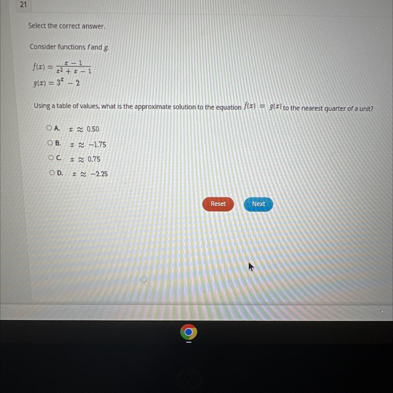 Consider functions fand gUsing a table of values, what is the approximate solution to the equation f(I)