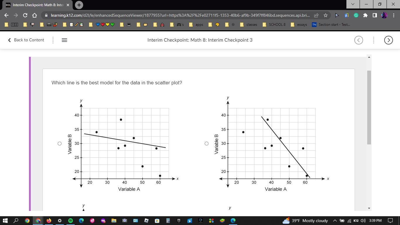NEED HELP!!!!!Which line is the best model for the data in the scatter plot?