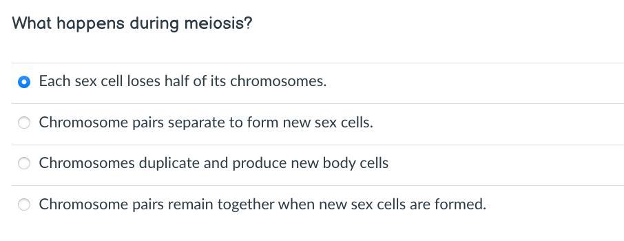 What happens during Meiosis (D.umb answers = Reported = account banned)Answer the imageChoose 1 of 4