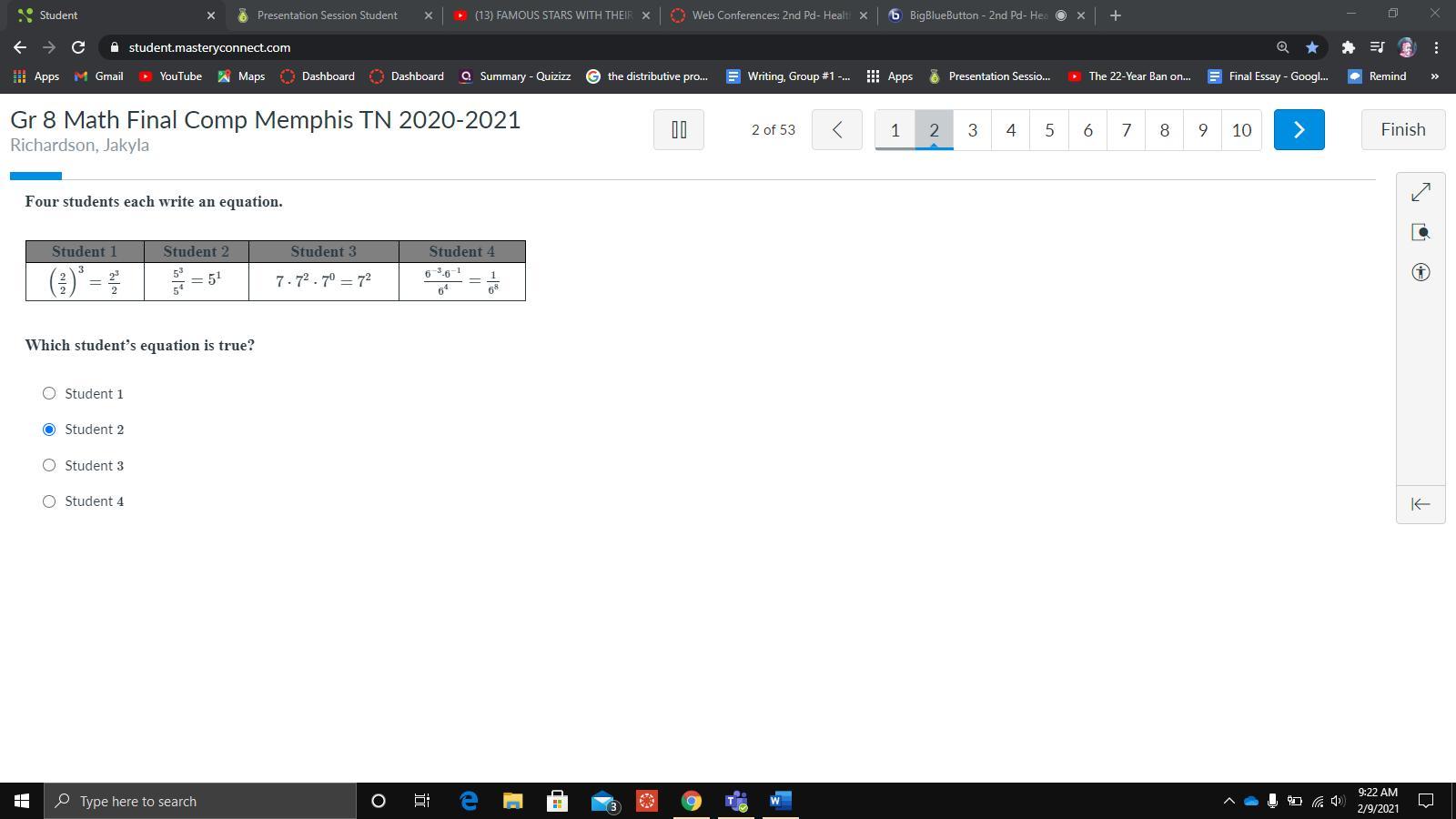 4 students each write an equation which student's equation is true