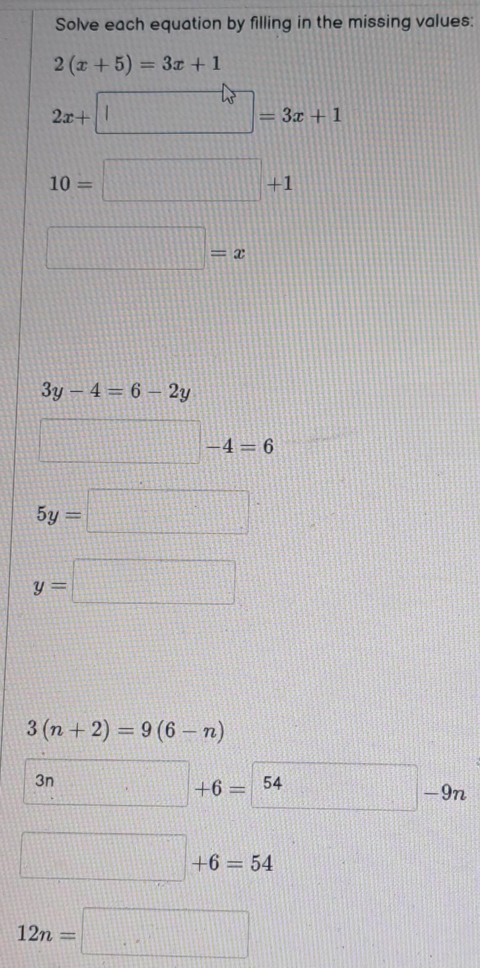 solve each equation by filling in the missing values