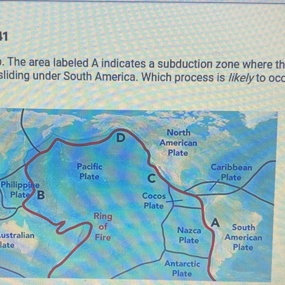 Look at the map. The area labeled A indicates a subduction zone where thePacific Plate is sliding under