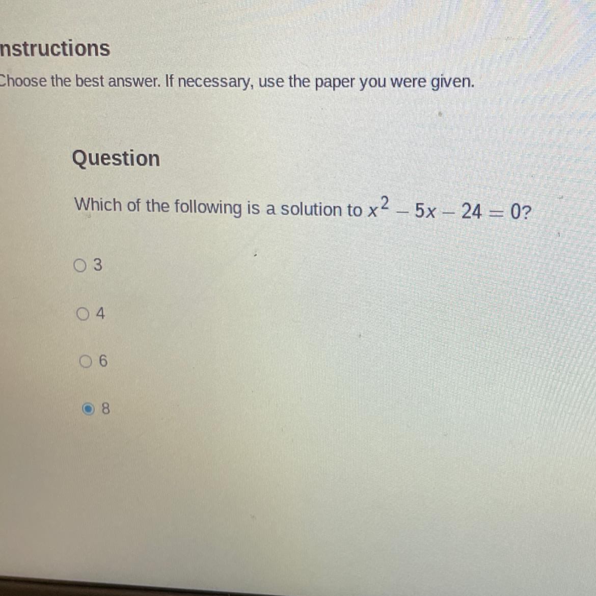 GUYS HELP TSIWhich of the following is a solution to x2-5x-24=0