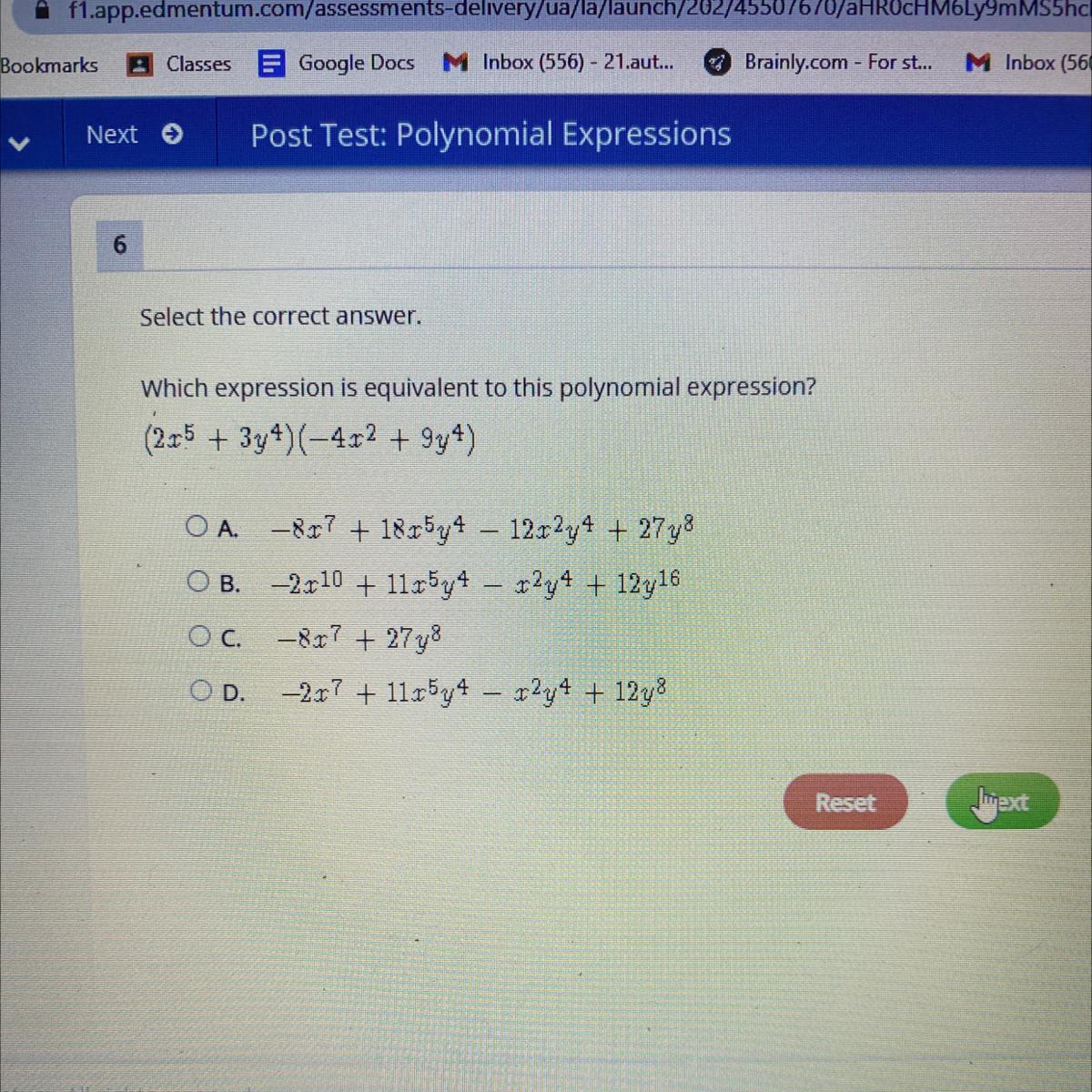 Select The Correct Answer.Which Expression Is Equivalent To This Polynomial Expression?(2x5 + 3y4)(-4x2