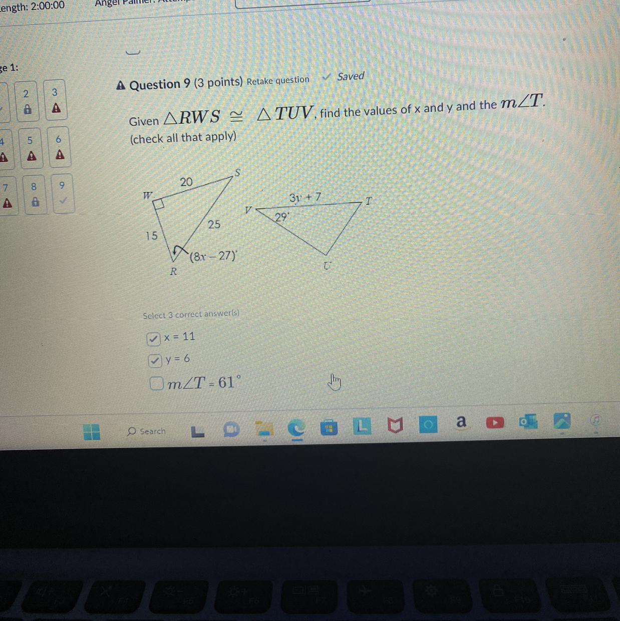 W.Given ARWSATUV, find the values of x and y and the m/T.(check all that apply)159 (3 points) Retake
