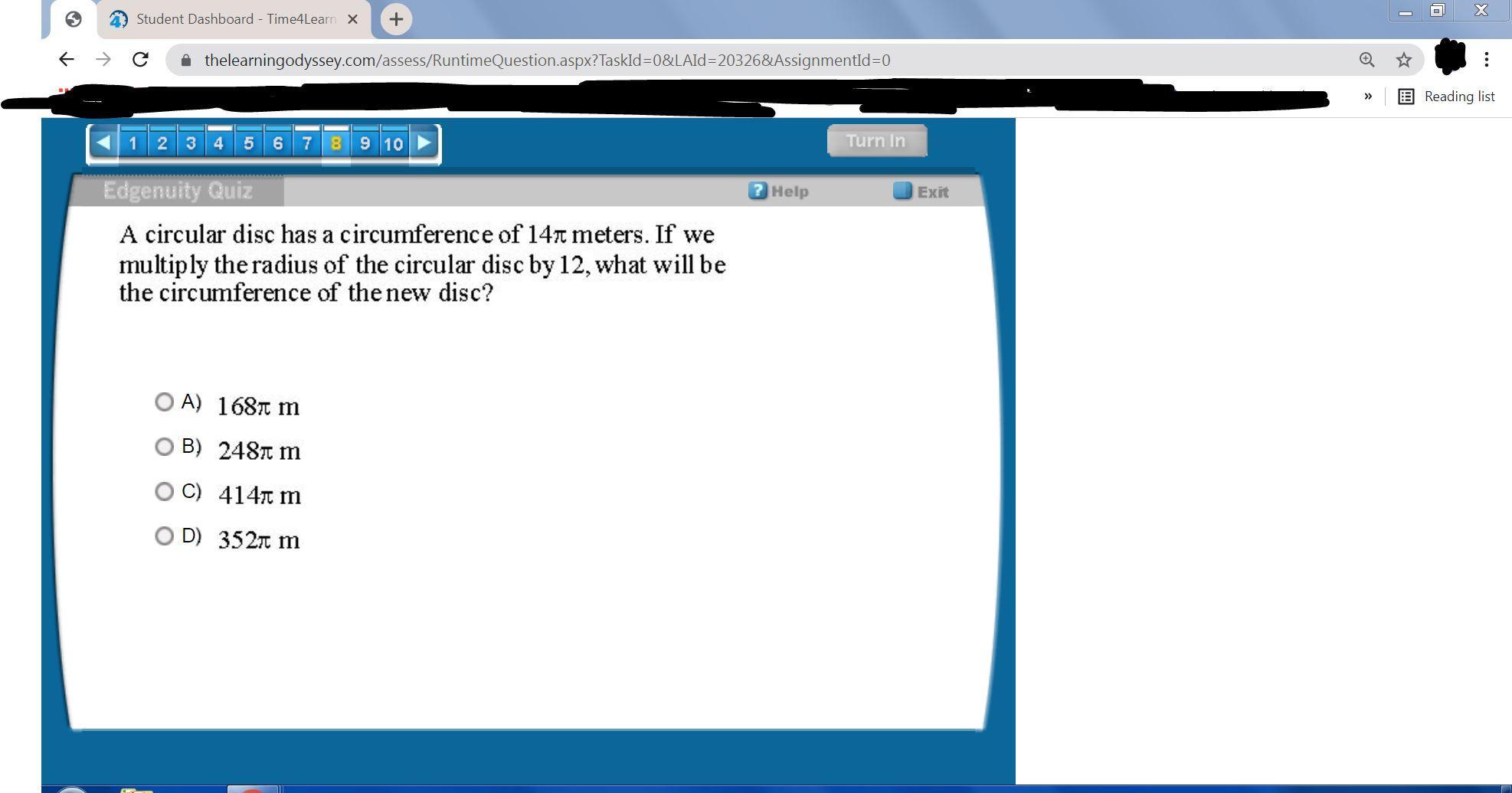 A circular disc has a circumference of 14 meters. If we multiply the radius of the circular disc by 12,