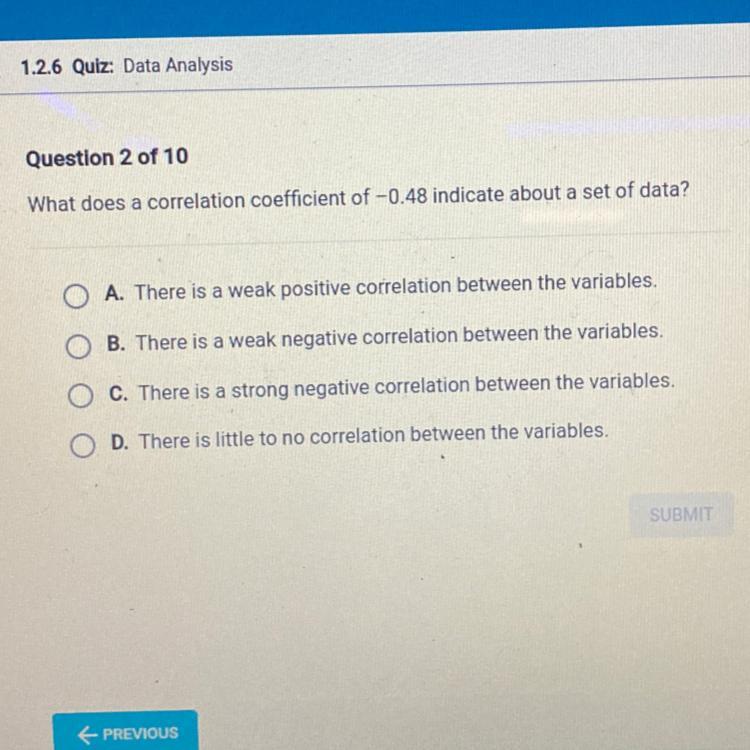 What does a correlation coefficient of -0.48 indicate about a set of data?O A. There is a weak positive