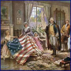 The painting is titled The Birth Of Old Glory. What is the name of the woman holding the flag? How did