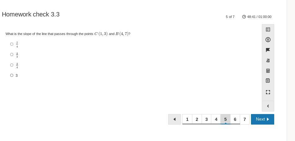 PLEASE help ( What's the slope of a line that passes through points C (1,3) and B (4,7)
