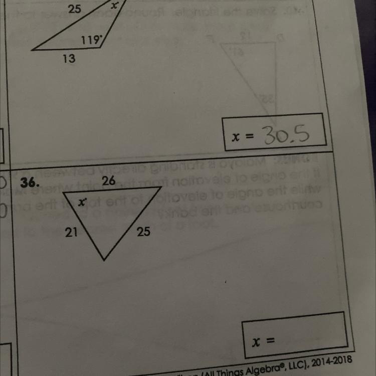 if 26, 25, 21 are the sides of a triangle what is x =?