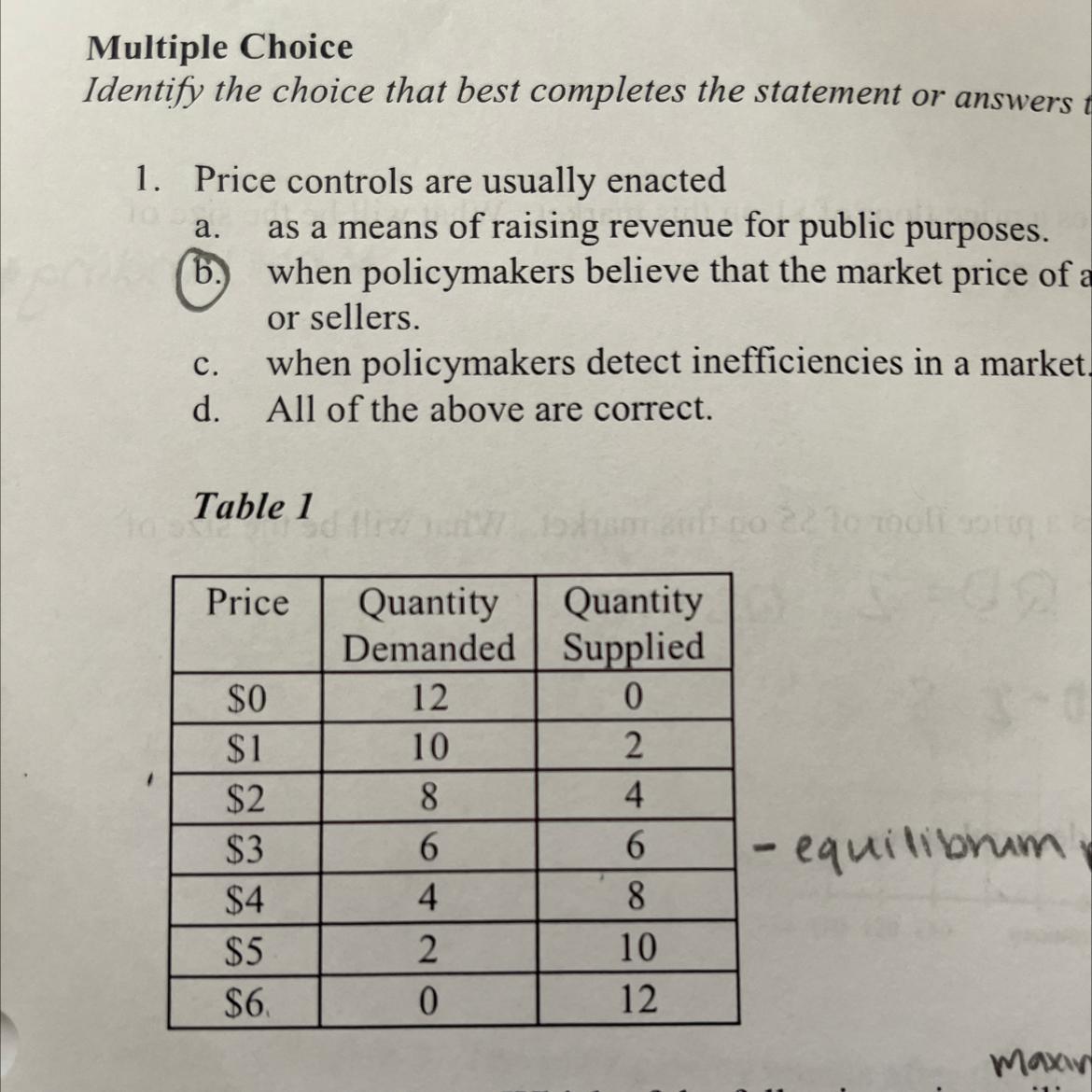 5. Refer to Table 1. Suppose the government imposes a price ceiling of $5 on this market. What will be