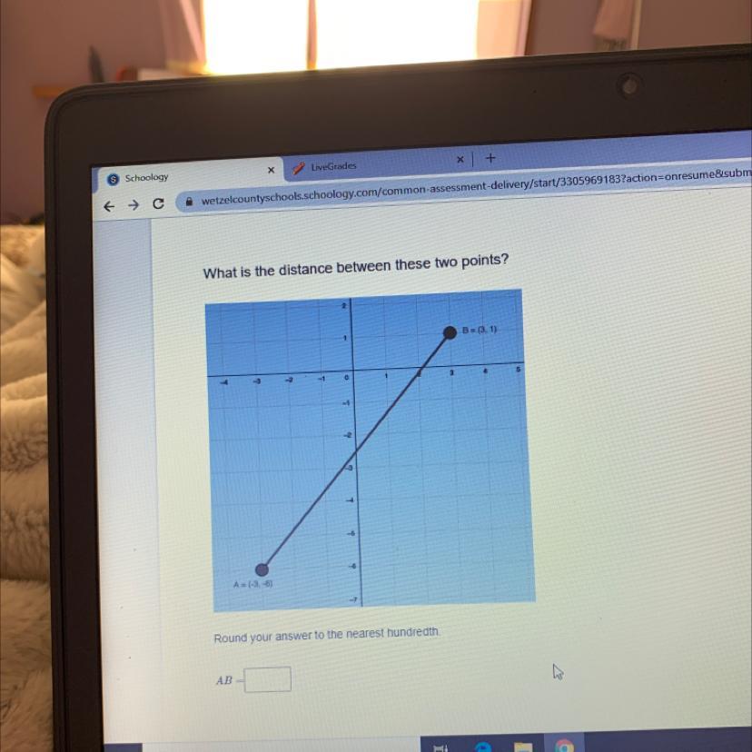 What is the distance between these two pointsB =(3, 1)3450-23-5-6A = (-3,-6)