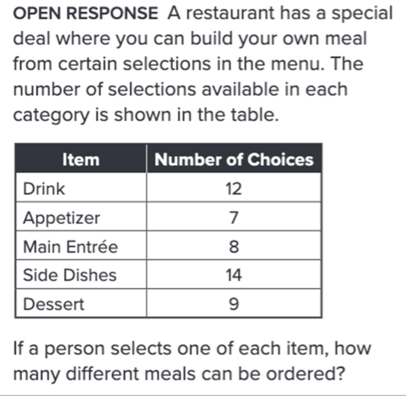 A restaurant has a special deal where you can build your own meal from certain selections in the menu.