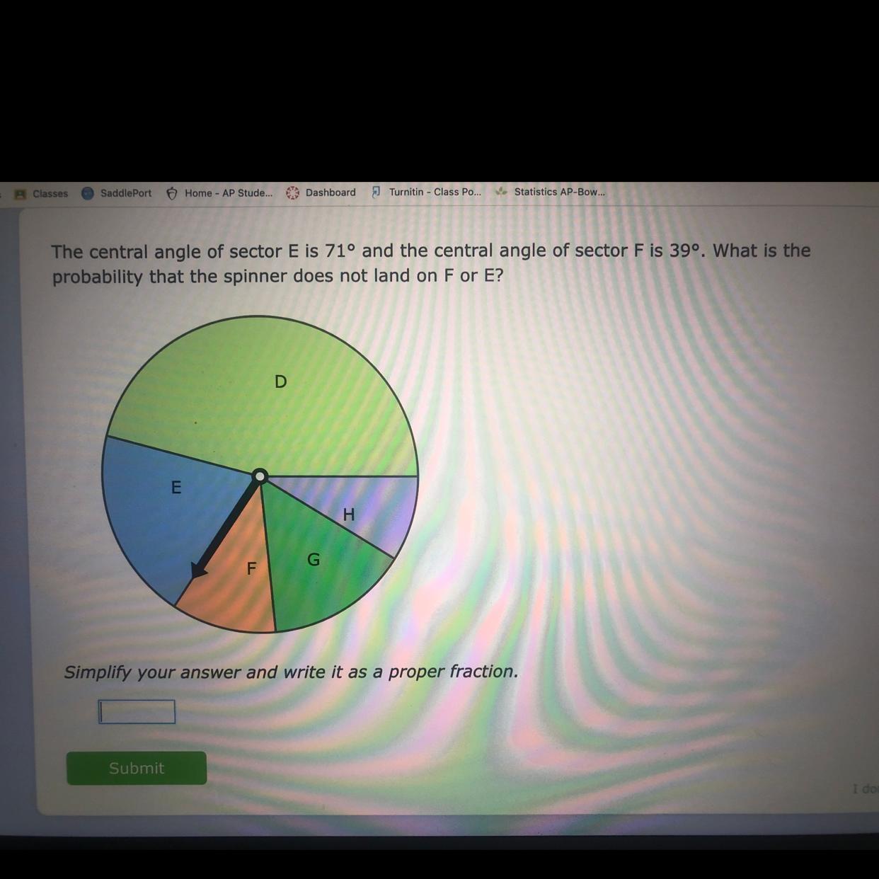 Q: The central angle of sector E is 71 degrees and the central angle of sector F is 39 degrees. What