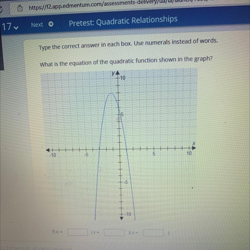 What is the equation of the quadratic function shown in the graph?