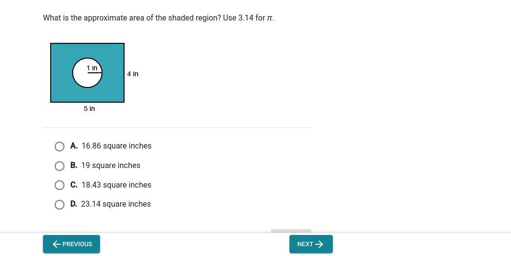 What is the approximate area of shadad region? use 3.14 A. 16.86B. 19C.18.43D.23.14