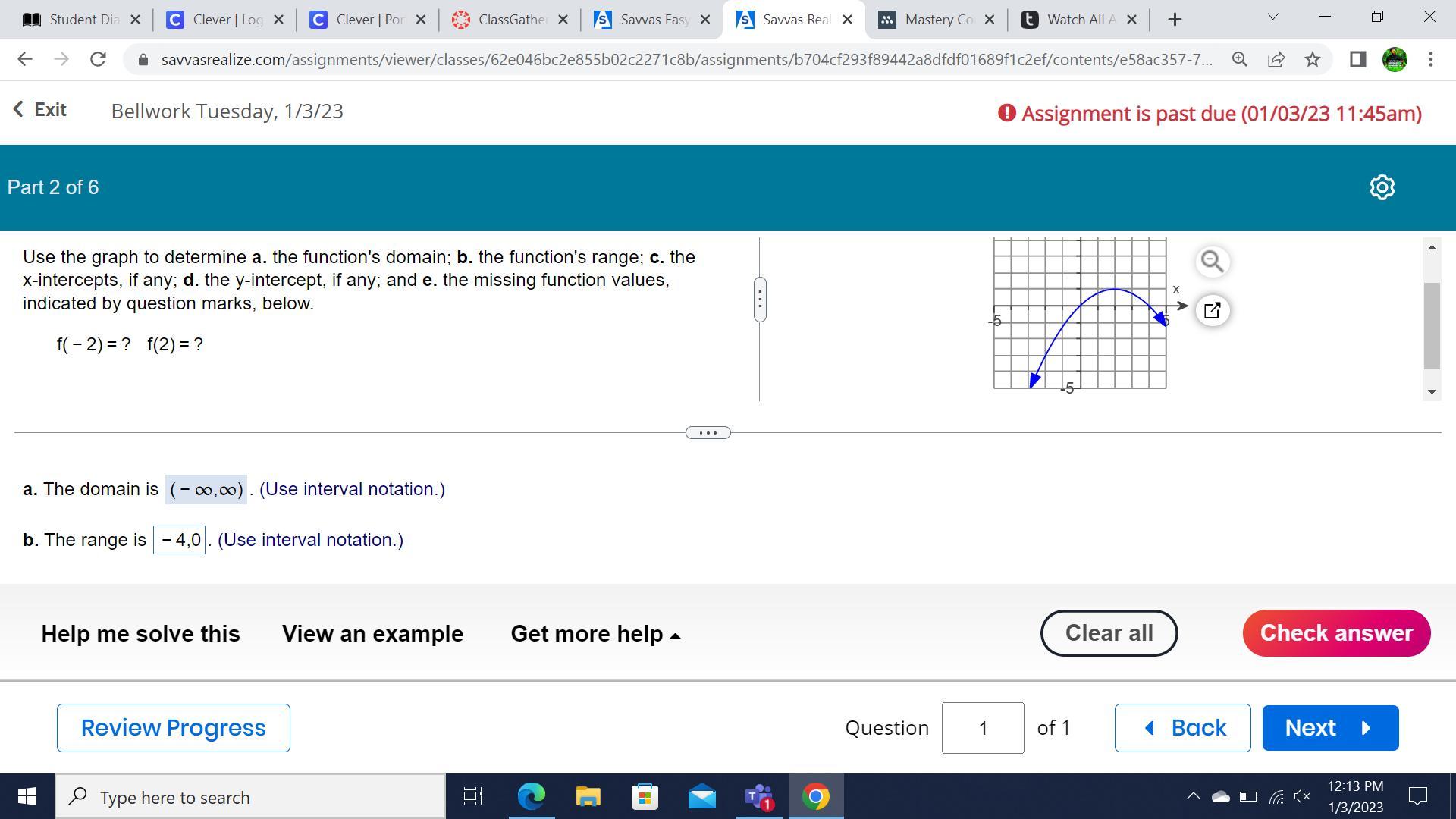 Use the graph to determine a. the function's domain; b. the function's range; c. the x-intercepts, if