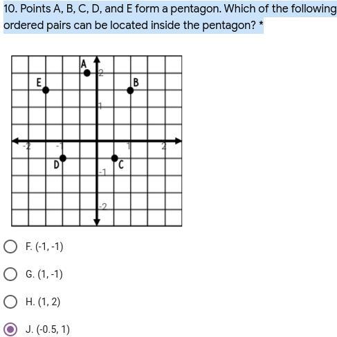 10. Points A, B, C, D, and E form a pentagon. Which of the following ordered pairs can be located inside