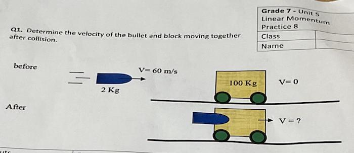 Determine the velocity of the bullet and block moving together after colloision.