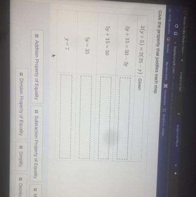 Give The Property That Justifies Each Step.3(y+5)=2(25-y) Given3y +15=50-2y5y +15=505y = 35y=7:: Addition
