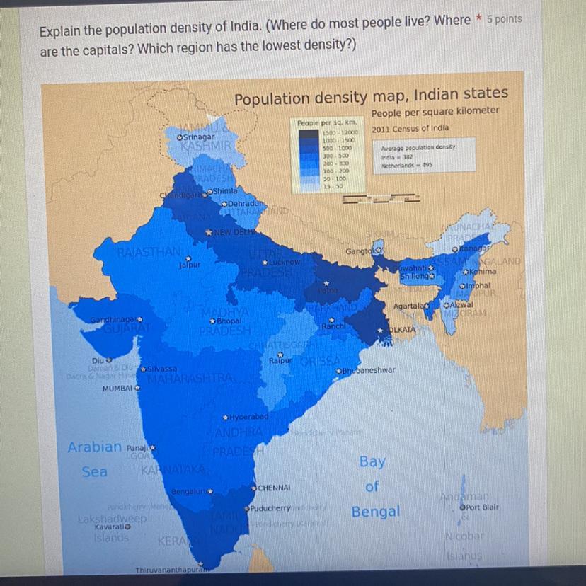 Explain the population density of India. (Where do most people live? Where are the capitals? Which region