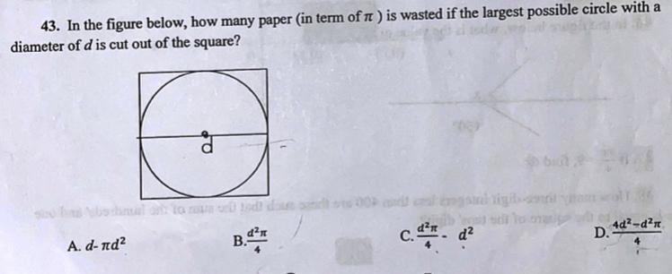 In The Figure Below, How Many Paper (in Term Of Pi) Is Wasted If The Largest Possible Circle With A Diameter