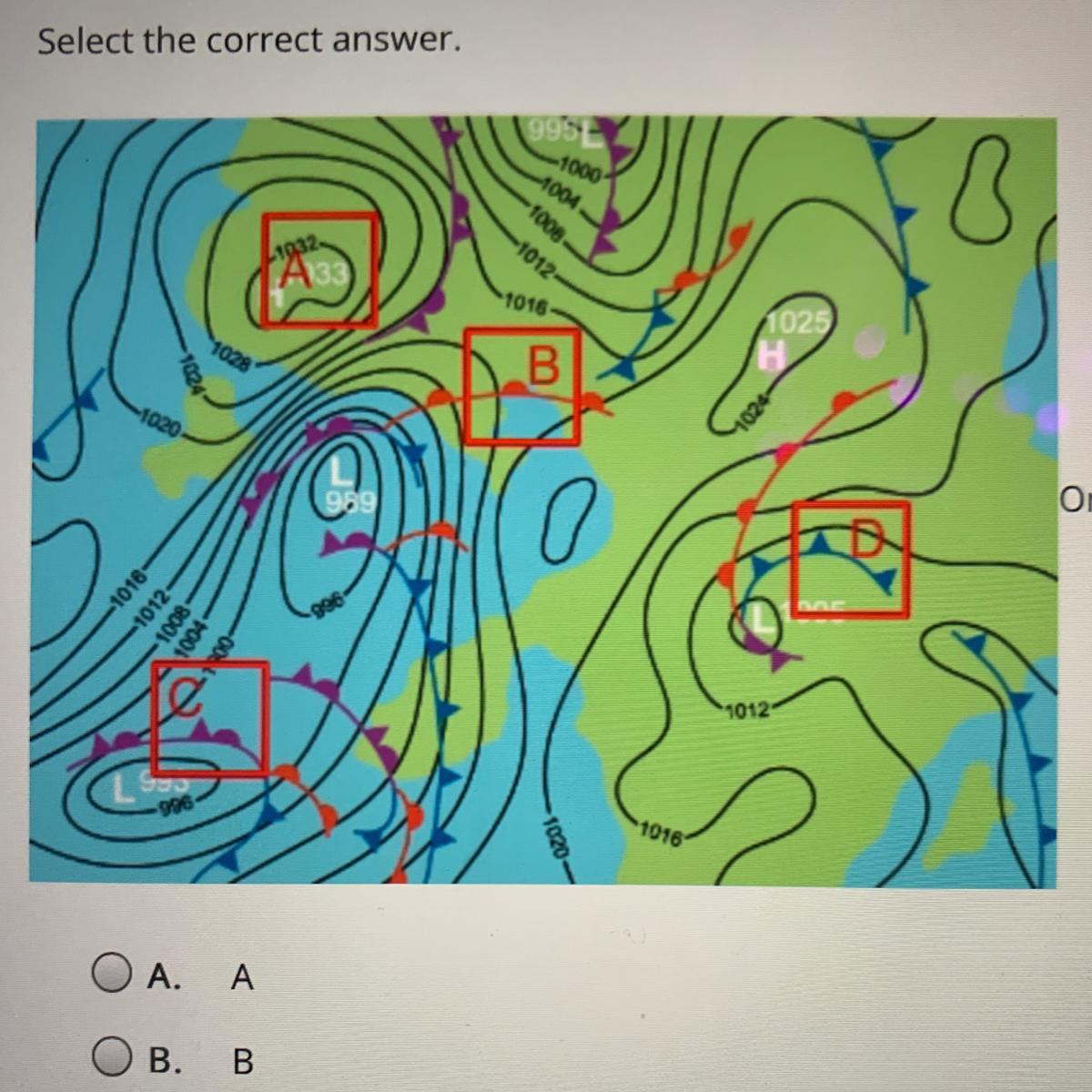 Select The Correct Answer.On The Map, Which Symbol Represents A Cold Front? Choose The Correct LetterA.