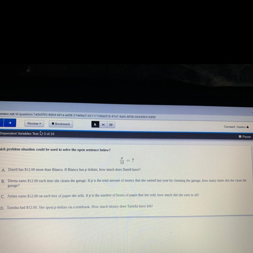 Which problem situation could be used to solve the open sentence below? p/12=? please help its overdueee