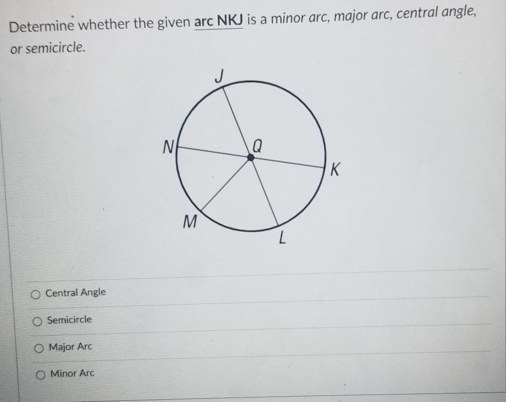 Determine whether the given arc NKJ is a minor arc, major arc, central angle, or semicircle.