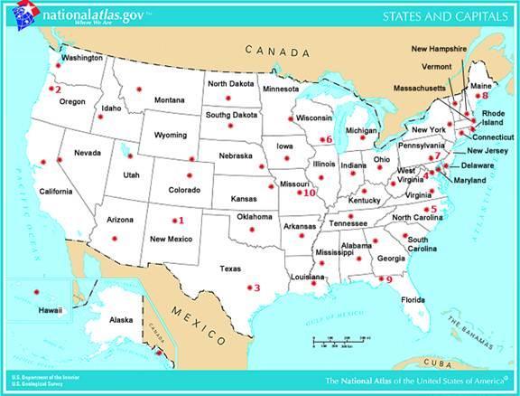 Map of the United States labeled with state names and either stars or numbers and stars. 1 New Mexico,