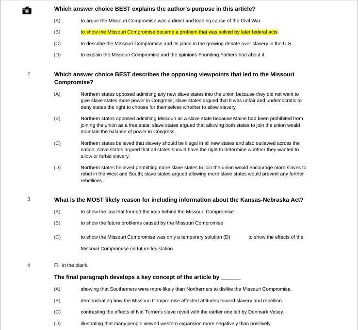 Which answer choice BEST describes the opposing viewpoints that led to the Missouri Compromise?Northern