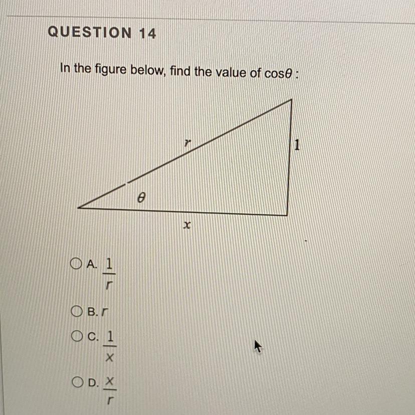 In the figure below, find the value of cose:8-|- -|X X|LA. 1 .OC. 1O D.X