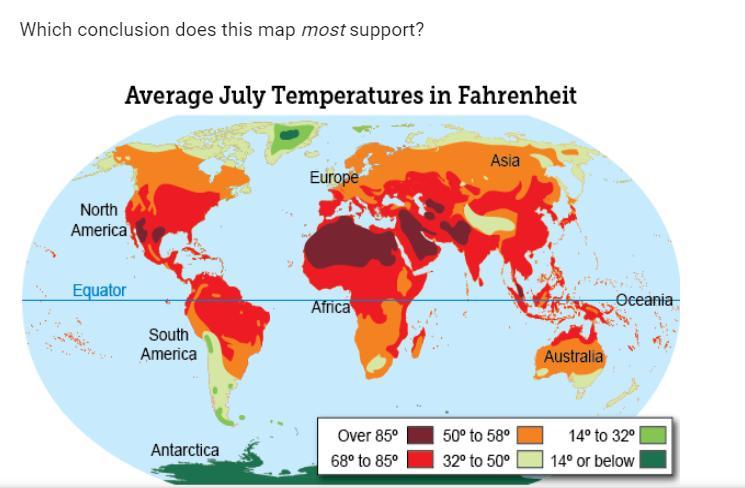 Which conclusion does this map most support?A. Northern Asia has the same July temperatures as Oceania.