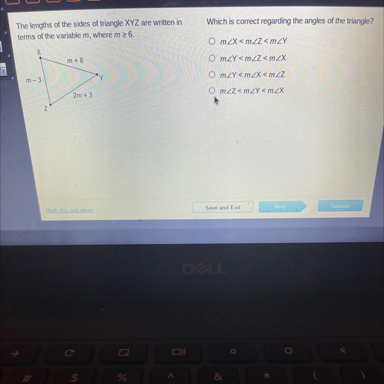 The lengths of the sides of the triangle XYZ are written in the terms of the variable M, where m 7
